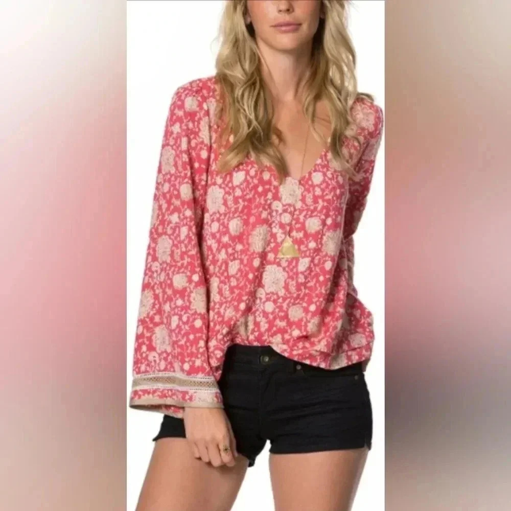 O'Neill Landon Pink & Beige Floral Patterned Bell Sleeve Top Surf Beach Size S